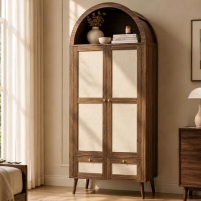Merax Kleiderschrank 80x55x180 cm mit 2 Türen, 2 Schubladen, Bogenform, Rattan-Optik & offener Ablage – Dunkle Holzfarbe+Beige Merax Kleiderschrank 80x55x180 cm mit 2 Türen, 2 Schubladen, Bogenform, Rattan-Optik & offener Ablage – Dunkle Holzfarbe+Beige