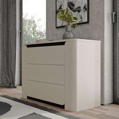 Forte VODOL Kommode 110, Moderne Kommode 3 Schubladen und abgerundetem Eckendesign, Holzwerkstoff, Kaschmir Beige, 110,6 cm breit x 77,9 cm hoch x 44,8 cm tief Forte VODOL Kommode 110, Moderne Kommode 3 Schubladen und abgerundetem Eckendesign, Holzwerkstoff, Kaschmir Beige, 110,6 cm breit x 77,9 cm hoch x 44,8 cm tief