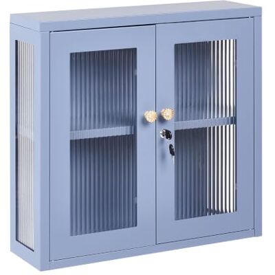 Beliani Wandschrank Stahl blau schmal mit verstellbarem Einlegeboden 2 gerillte Glastüren Mid-Century modern Harlyn Beliani Wandschrank Stahl blau schmal mit verstellbarem Einlegeboden 2 gerillte Glastüren Mid-Century modern Harlyn