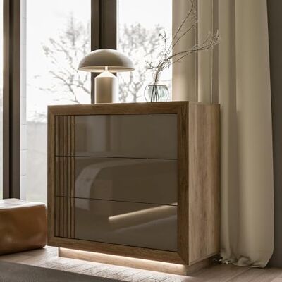 Forte Savona Elegante Kommode 103 mit 3 Schubladen, Eiche Antik Dekor/Beige Glanz, 103 cm breit x 98,2 cm hoch x 42,3 cm tief Forte Savona Elegante Kommode 103 mit 3 Schubladen, Eiche Antik Dekor/Beige Glanz, 103 cm breit x 98,2 cm hoch x 42,3 cm tief