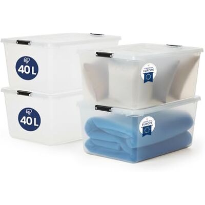 Iris Ohyama Aufbewahrungsboxen mit Deckel, 40L, 4er-Set, Transparent, Sicherer Verschluss, Stapelbar, Griffe, Schlafzimmer, Schrank, Büro, Organisation, BPA-freies Plastik, Ordnungsboxen, FTB-40 Iris Ohyama Aufbewahrungsboxen mit Deckel, 40L, 4er-Set, Transparent, Sicherer Verschluss, Stapelbar, Griffe, Schlafzimmer, Schrank, Büro, Organisation, BPA-freies Plastik, Ordnungsboxen, FTB-40