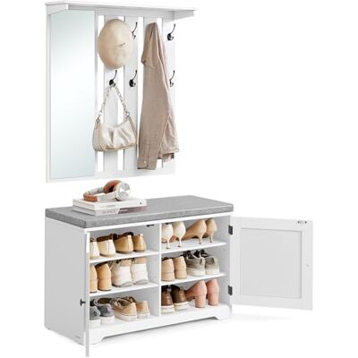 VASAGLE Schuhbank Wandgarderobe Set, Garderobe mit Spiegel, 8 Doppelhaken, Schuhschrank mit verstellbaren Ablagen, Doppeltüren, Sitzbank, Sitzpolster abnehmbar, 81 cm breit, wolkenweiß LSC010W01 VASAGLE Schuhbank Wandgarderobe Set, Garderobe mit Spiegel, 8 Doppelhaken, Schuhschrank mit verstellbaren Ablagen, Doppeltüren, Sitzbank, Sitzpolster abnehmbar, 81 cm breit, wolkenweiß LSC010W01