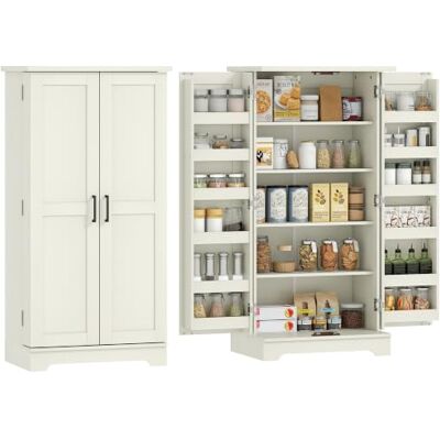 HOMCOM Küchenbuffet-Schrank 5 Regale 60x40x120cm Creme Sideboard, mit Türen, verstellbare Regale, Holzmaserung. HOMCOM Küchenbuffet-Schrank 5 Regale 60x40x120cm Creme Sideboard, mit Türen, verstellbare Regale, Holzmaserung.