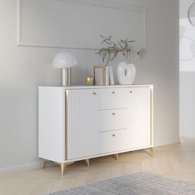 Forte Forrest Hills Elegante Kommode mit 2 Türen und 3 Schubladen, glamouröse Golddetails, Wohn-/Schlafzimmer, Holzwerkstoff, Weiß/Gold, 140,4 cm breit x 87,2 cm hoch x 41,5 cm tief Forte Forrest Hills Elegante Kommode mit 2 Türen und 3 Schubladen, glamouröse Golddetails, Wohn-/Schlafzimmer, Holzwerkstoff, Weiß/Gold, 140,4 cm breit x 87,2 cm hoch x 41,5 cm tief