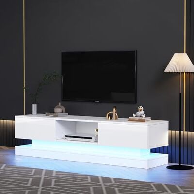 Merax TV-Schrank, Lowboard für Fernseher bis zu 60 Zoll, TV Board in Weißer Hochglanz mit LED-Beleuchtung, Modern Fernsehtisch mit 2 Schubladen, 1 offenen Fächern, TV-Möbel für Wohnzimmer, Esszimmer Merax TV-Schrank, Lowboard für Fernseher bis zu 60 Zoll, TV Board in Weißer Hochglanz mit LED-Beleuchtung, Modern Fernsehtisch mit 2 Schubladen, 1 offenen Fächern, TV-Möbel für Wohnzimmer, Esszimmer