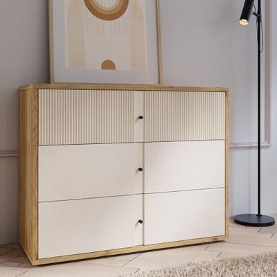 Forte Rankin Kommode 105 mit 3 Schubladen, Kaschmir/Beige, Mauvella Eiche Dekor/Sand, 104,8 cm breit x 83,1 cm hoch x 42 cm tief Forte Rankin Kommode 105 mit 3 Schubladen, Kaschmir/Beige, Mauvella Eiche Dekor/Sand, 104,8 cm breit x 83,1 cm hoch x 42 cm tief