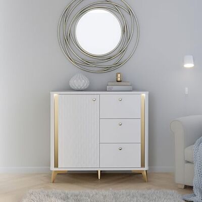Forte Forrest Hills Elegante Kommode mit 1 Tür und 3 Schubladen, glamouröse Golddetails, Wohn-/Schlafzimmer, Holzwerkstoff, Weiß/Gold, 95,7 cm breit x 87,2 cm hoch x 41,5 cm tief Forte Forrest Hills Elegante Kommode mit 1 Tür und 3 Schubladen, glamouröse Golddetails, Wohn-/Schlafzimmer, Holzwerkstoff, Weiß/Gold, 95,7 cm breit x 87,2 cm hoch x 41,5 cm tief