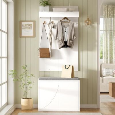 Merax Garderobenset mit Schuhbank und Sitzkissen, Flurgarderobe mit 2-Türen Schuhschrank, Flurmöbel Kleiderständer Wandpaneel mit 4 Haken, Ablage, 60x35x145 cm, Weiß Merax Garderobenset mit Schuhbank und Sitzkissen, Flurgarderobe mit 2-Türen Schuhschrank, Flurmöbel Kleiderständer Wandpaneel mit 4 Haken, Ablage, 60x35x145 cm, Weiß