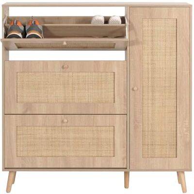 Mendler Rattan-Schuhkipper HWC-M37 127x120x24cm Holz Eiche-Optik Schuhregal, Schuhschrank, 3 Kippfächer, 2 Regalböden, Melamin Mendler Rattan-Schuhkipper HWC-M37 127x120x24cm Holz Eiche-Optik Schuhregal, Schuhschrank, 3 Kippfächer, 2 Regalböden, Melamin