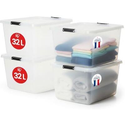 Iris Ohyama Aufbewahrungsboxen mit Deckel, 32L, 4er-Set, Transparent, Sicherer Verschluss, Stapelbar, Griffe, Schlafzimmer, Schrank, Büro, Organisation, BPA-freies Plastik, Ordnungsboxen, FTB-32 Iris Ohyama Aufbewahrungsboxen mit Deckel, 32L, 4er-Set, Transparent, Sicherer Verschluss, Stapelbar, Griffe, Schlafzimmer, Schrank, Büro, Organisation, BPA-freies Plastik, Ordnungsboxen, FTB-32