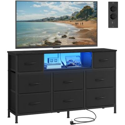 SONGMICS Kommode, Sideboard mit 8 Stoffschubladen, TV-Schrank mit Steckdosen und LED-Beleuchtung, Stahlgestell, 113,8 x 30 x 68,1 cm, Schwarz, für Schlafzimmer, Bellah Kollektion LGS433BH02 SONGMICS Kommode, Sideboard mit 8 Stoffschubladen, TV-Schrank mit Steckdosen und LED-Beleuchtung, Stahlgestell, 113,8 x 30 x 68,1 cm, Schwarz, für Schlafzimmer, Bellah Kollektion LGS433BH02