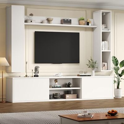 Merax Wohnwand Wohnzimmer 4-Teilig Set, Wohnzimmer Möbel Set, TV Lowboard, Wandregal, 2 Wandschrank, Vitrine Hängend oder Stehend, Wohnzimmermöbel Komplett, Elegante Schrankwand, Mediawand, Weiß Merax Wohnwand Wohnzimmer 4-Teilig Set, Wohnzimmer Möbel Set, TV Lowboard, Wandregal, 2 Wandschrank, Vitrine Hängend oder Stehend, Wohnzimmermöbel Komplett, Elegante Schrankwand, Mediawand, Weiß