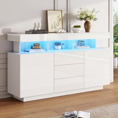 Merax Sideboard 140cm Weiß Hochglanz mit LED, Moderner Kommode mit 2 Türen, 3 Schubladen, Offene Staufächer, TV-Schrank Wohnzimmerschrank mit Verstellbarem Einlegeboden, Buffetschrank Mehrzweckschrank Merax Sideboard 140cm Weiß Hochglanz mit LED, Moderner Kommode mit 2 Türen, 3 Schubladen, Offene Staufächer, TV-Schrank Wohnzimmerschrank mit Verstellbarem Einlegeboden, Buffetschrank Mehrzweckschrank
