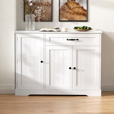 Merax Sideboard Weiß mit 3 Türen und Schublade, Kommode in modernem Design, Stauraum für Wohnzimmer Merax Sideboard Weiß mit 3 Türen und Schublade, Kommode in modernem Design, Stauraum für Wohnzimmer