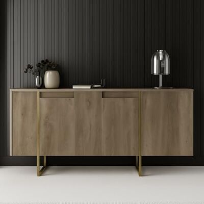 Dmora Kommode Betel, Wohnzimmerbuffet, Wohnzimmer-Sideboard, Moderne Küchen-Speisekammer, 160x35h80 cm, Walnuss und Gold Dmora Kommode Betel, Wohnzimmerbuffet, Wohnzimmer-Sideboard, Moderne Küchen-Speisekammer, 160x35h80 cm, Walnuss und Gold