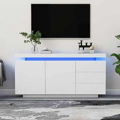 Merax Sideboard Wohnzimmer Beistellschrank Standschrank Kommode mit LED-Beleuchtung und Hochglanz-Finish Weiß, 2 Türen, 3 Schubladen, 140x35x72.5cm Merax Sideboard Wohnzimmer Beistellschrank Standschrank Kommode mit LED-Beleuchtung und Hochglanz-Finish Weiß, 2 Türen, 3 Schubladen, 140x35x72.5cm