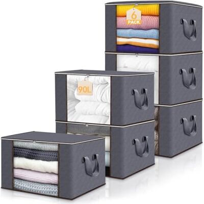 Zikenis 6 Stück 90L Aufbewahrungstasche,Aufbewahrungsbox mit Deckel Faltbare Kleideraufbewahrung Umzugskartons mit Verstärkt Griff, Kleiderschrank Organizer,für Kleidung Bettdecken,Grau Zikenis 6 Stück 90L Aufbewahrungstasche,Aufbewahrungsbox mit Deckel Faltbare Kleideraufbewahrung Umzugskartons mit Verstärkt Griff, Kleiderschrank Organizer,für Kleidung Bettdecken,Grau