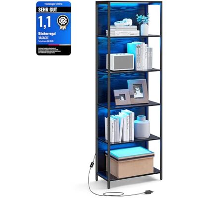 VASAGLE Bücherregal mit 6 Ebenen, Standregal mit Einstellbarer LED-Beleuchtung, Regal mit Stahlrahmen, 30,3 x 60 x 178,6 cm, für Wohnzimmer, Schlafzimmer, Arbeitszimmer, ebenholzschwarz LLS120B57 VASAGLE Bücherregal mit 6 Ebenen, Standregal mit Einstellbarer LED-Beleuchtung, Regal mit Stahlrahmen, 30,3 x 60 x 178,6 cm, für Wohnzimmer, Schlafzimmer, Arbeitszimmer, ebenholzschwarz LLS120B57