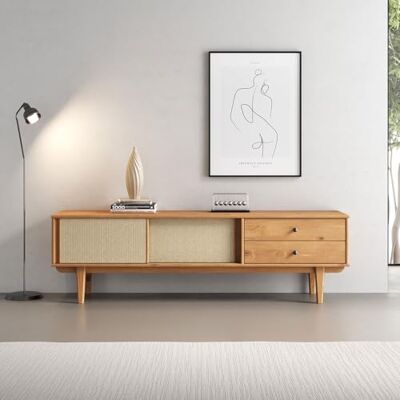 IDIMEX Lowboard Simona 175 cm mit Rattangeflecht aus Massivholz, Eiche Finish – TV-Board im Mid-Century Design, Lowboard mit 2 Schubladen und Schiebetüren, Retro TV-Schrank für das Wohnzimmer IDIMEX Lowboard Simona 175 cm mit Rattangeflecht aus Massivholz, Eiche Finish – TV-Board im Mid-Century Design, Lowboard mit 2 Schubladen und Schiebetüren, Retro TV-Schrank für das Wohnzimmer