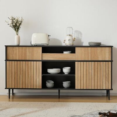 Merax Sideboard Kommode mit 4 Schiebetüren und 1 Schublade, Praktische Buffetschrank mit viel Stauraum, 160x40x80 cm, Farbkontrastdesign, Eiche kombiniert mit Schwarz, für Wohnzimmer/Esszimmer/Flur Merax Sideboard Kommode mit 4 Schiebetüren und 1 Schublade, Praktische Buffetschrank mit viel Stauraum, 160x40x80 cm, Farbkontrastdesign, Eiche kombiniert mit Schwarz, für Wohnzimmer/Esszimmer/Flur