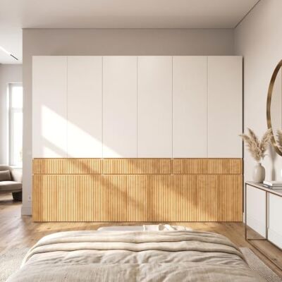 Merax Kleiderschrank 3er-Set, 12-türiger Garderobenschrank mit Rillenoptik, 3 Kleiderstange, 3 Schublade und Fächern, Drehtürenschrank hoher Mehrzweckschrank 275x50x202 cm, Hellgrau + Natur Merax Kleiderschrank 3er-Set, 12-türiger Garderobenschrank mit Rillenoptik, 3 Kleiderstange, 3 Schublade und Fächern, Drehtürenschrank hoher Mehrzweckschrank 275x50x202 cm, Hellgrau + Natur