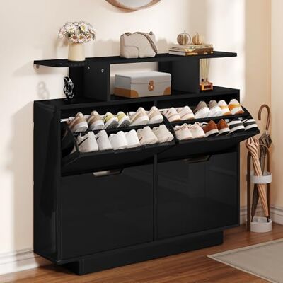 YITAHOME Schuhschrank Schmal Hochglanz mit 4 Klappen, 120 x 24 x 106 cm für 16-24 Paar, Schuhschrank Schwarz, Schuhkipper, Schuhkommode im Flur, unterschiedliche Fachhöhen (37/43 cm), Platzsparend YITAHOME Schuhschrank Schmal Hochglanz mit 4 Klappen, 120 x 24 x 106 cm für 16-24 Paar, Schuhschrank Schwarz, Schuhkipper, Schuhkommode im Flur, unterschiedliche Fachhöhen (37/43 cm), Platzsparend