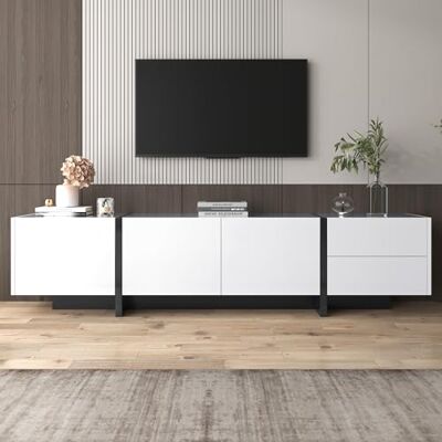 BTM TV-Schrank, lowboard Panel mit farbblockierten Beinen in Hochglanz-Weiß und Schwarz, mit Türen und Schubladen, Türen mit Regalen. Einfaches Liniendesign.190x35x45cm BTM TV-Schrank, lowboard Panel mit farbblockierten Beinen in Hochglanz-Weiß und Schwarz, mit Türen und Schubladen, Türen mit Regalen. Einfaches Liniendesign.190x35x45cm