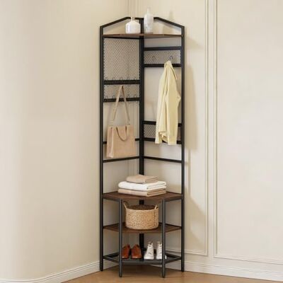 VEVOR Eckgarderobe (181 cm Hoch) mit Haken, Ablagefläche & Stahlrahmen, Garderobenständer mit Kippsicherung, Verstellbaren und Rutschfesten Füße, Garderobenregal für Eingangsbereich Büro Wohnzimmer VEVOR Eckgarderobe (181 cm Hoch) mit Haken, Ablagefläche & Stahlrahmen, Garderobenständer mit Kippsicherung, Verstellbaren und Rutschfesten Füße, Garderobenregal für Eingangsbereich Büro Wohnzimmer