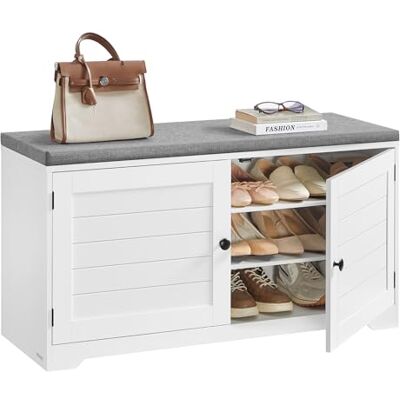 VASAGLE Schuhbank, 3 Ebenen, Sitzbank mit Stauraum, Türen und Sitzkissen, Schuhregal mit höhenverstellbaren Ablagen, 35,5 x 101 x 52,5 cm, für Flur Schlafzimmer, wolkenweiß-Taubengrau LSB044W01 VASAGLE Schuhbank, 3 Ebenen, Sitzbank mit Stauraum, Türen und Sitzkissen, Schuhregal mit höhenverstellbaren Ablagen, 35,5 x 101 x 52,5 cm, für Flur Schlafzimmer, wolkenweiß-Taubengrau LSB044W01