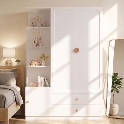Merax 2-türiger Kinderkleiderschrank mit flexibel montierbarem Seitenschrank, Drehtürenschrank mit viel Stauraum, 2 Schubladen, 2 Kleiderstangen, Garderobenschrank mit Massivholzgriffen, Weiß Merax 2-türiger Kinderkleiderschrank mit flexibel montierbarem Seitenschrank, Drehtürenschrank mit viel Stauraum, 2 Schubladen, 2 Kleiderstangen, Garderobenschrank mit Massivholzgriffen, Weiß