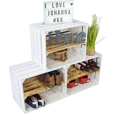 Kistenkolli Altes Land 3 x Schuhschrank Schuhregal aus weiss lasierten Holzkisten mit geflammten längsbrettern mit 3 Ablagen Schuhablage für 12 Paar Schuhe als Schuhaufbewahrung aus Holz Maße 50x40x30cm (je kiste) Kistenkolli Altes Land 3 x Schuhschrank Schuhregal aus weiss lasierten Holzkisten mit geflammten längsbrettern mit 3 Ablagen Schuhablage für 12 Paar Schuhe als Schuhaufbewahrung aus Holz Maße 50x40x30cm (je kiste)