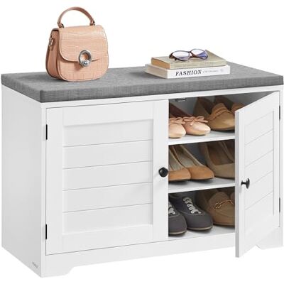 VASAGLE Schuhbank, 3 Ebenen, Sitzbank mit Stauraum, Türen und Sitzkissen, Schuhregal mit höhenverstellbaren Ablagen, 35,5 x 81 x 52,5 cm, für Flur Schlafzimmer, wolkenweiß-Taubengrau LSB034W01 VASAGLE Schuhbank, 3 Ebenen, Sitzbank mit Stauraum, Türen und Sitzkissen, Schuhregal mit höhenverstellbaren Ablagen, 35,5 x 81 x 52,5 cm, für Flur Schlafzimmer, wolkenweiß-Taubengrau LSB034W01