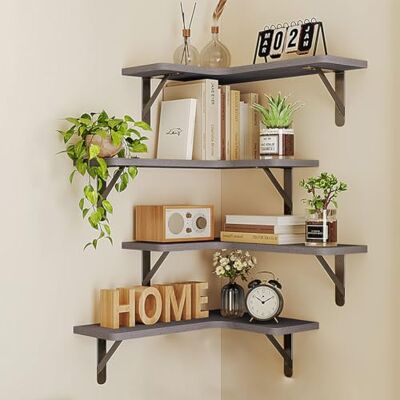 BAKAJI Set mit 4 Eckregalen aus Holz, Eckregal zur Wandmontage, Stangen aus Metall, Regal für Schlafzimmer, Wohnzimmer, Küche, Badezimmer, platzsparendes Bücherregal (Grau) BAKAJI Set mit 4 Eckregalen aus Holz, Eckregal zur Wandmontage, Stangen aus Metall, Regal für Schlafzimmer, Wohnzimmer, Küche, Badezimmer, platzsparendes Bücherregal (Grau)