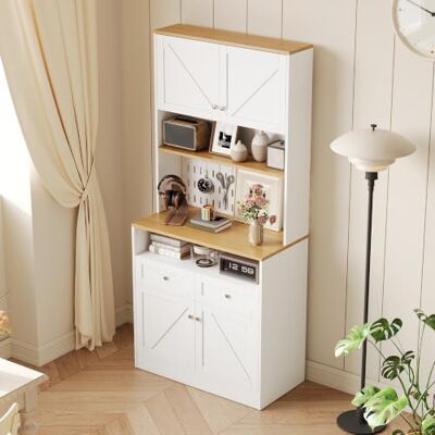 Merax Sideboard 80x40x175 cm, weißes Esszimmer Buffet mit 2 Schubladen, 4 Türen, Scheunentor-Design, Lochwand, Silbergriffen und viel Stauraum für Küche, Esszimmer & Wohnzimmer Merax Sideboard 80x40x175 cm, weißes Esszimmer Buffet mit 2 Schubladen, 4 Türen, Scheunentor-Design, Lochwand, Silbergriffen und viel Stauraum für Küche, Esszimmer & Wohnzimmer