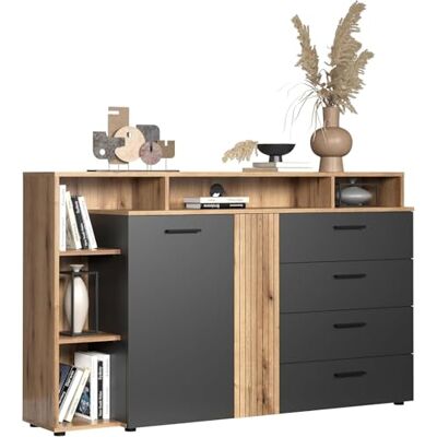 trendteam smart living Esteban Highboard Grau/Eiche TV-Kommode mit 2 Türen (li./re. verstellbar), 4 Schubladen, 5 offenen Fächern und 1 Einlegeboden (BxHxT) 168 x 101 x 38 cm für 65 Zoll TV trendteam smart living Esteban Highboard Grau/Eiche TV-Kommode mit 2 Türen (li./re. verstellbar), 4 Schubladen, 5 offenen Fächern und 1 Einlegeboden (BxHxT) 168 x 101 x 38 cm für 65 Zoll TV