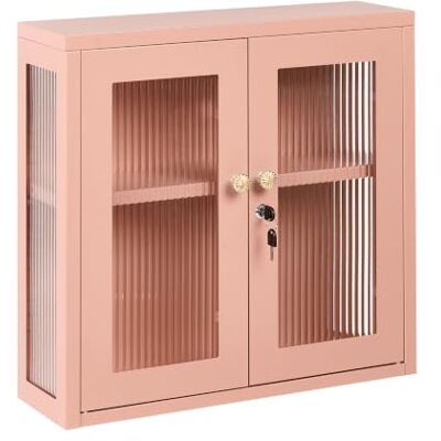 Beliani Wandschrank Stahl pfirsichrosa schmal mit verstellbarem Einlegeboden 2 gerillte Glastüren Mid-Century modern Harlyn Beliani Wandschrank Stahl pfirsichrosa schmal mit verstellbarem Einlegeboden 2 gerillte Glastüren Mid-Century modern Harlyn
