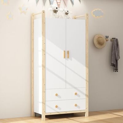 BTM Kleiderschrank 2 Türig mit Schubladen Kinderzimmer Kleiderschrank mit Stange Schlafzimmerschrank Flurgarderobe Weiß BTM Kleiderschrank 2 Türig mit Schubladen Kinderzimmer Kleiderschrank mit Stange Schlafzimmerschrank Flurgarderobe Weiß