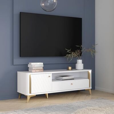 Forte Forrest Hills Elegante Kommode mit Tür, Schublade und offenem Fach, glamouröse Golddetails, Wohnzimmer, Holzwerkstoff, Weiß/Gold, 140,4 cm breit x 48,8 cm hoch x 41,5 cm tief Forte Forrest Hills Elegante Kommode mit Tür, Schublade und offenem Fach, glamouröse Golddetails, Wohnzimmer, Holzwerkstoff, Weiß/Gold, 140,4 cm breit x 48,8 cm hoch x 41,5 cm tief