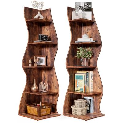 LITTLE TREE Bücherregal Ecke, Modernes Regal Schmal mit 6 Ebenen, 50 x 48 x 179 cm Bücherregal Holz, Standregal mit Wellen-Design für Kleine Räume, Wohnzimmer & Schlafzimmer, Rustikal, 2er Pack LITTLE TREE Bücherregal Ecke, Modernes Regal Schmal mit 6 Ebenen, 50 x 48 x 179 cm Bücherregal Holz, Standregal mit Wellen-Design für Kleine Räume, Wohnzimmer & Schlafzimmer, Rustikal, 2er Pack