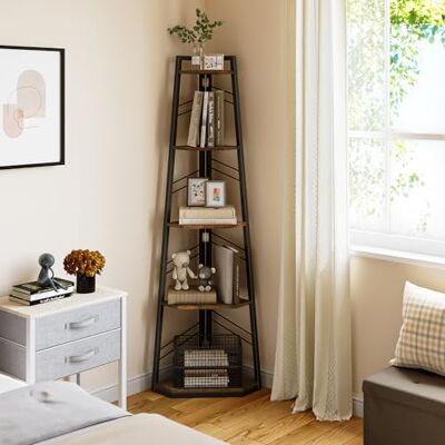 YITAHOME Eckregal, 5-stöckiges Leiterregal, Industrielles Bücherregal, Bodenstehendes Regal, Offenes Standregal aus Holz, für Wohnzimmer, Flur, Schlafzimmer, Home-Office, Vintagebraun Lagerregal YITAHOME Eckregal, 5-stöckiges Leiterregal, Industrielles Bücherregal, Bodenstehendes Regal, Offenes Standregal aus Holz, für Wohnzimmer, Flur, Schlafzimmer, Home-Office, Vintagebraun Lagerregal