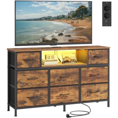SONGMICS Kommode, Sideboard mit 8 Stoffschubladen, TV-Schrank mit Steckdosen und LED-Beleuchtung, Stahlgestell, 113,8 x 30 x 68,1 cm, Vintagebraun, für Schlafzimmer, Bellah Kollektion LGS433KD02 SONGMICS Kommode, Sideboard mit 8 Stoffschubladen, TV-Schrank mit Steckdosen und LED-Beleuchtung, Stahlgestell, 113,8 x 30 x 68,1 cm, Vintagebraun, für Schlafzimmer, Bellah Kollektion LGS433KD02