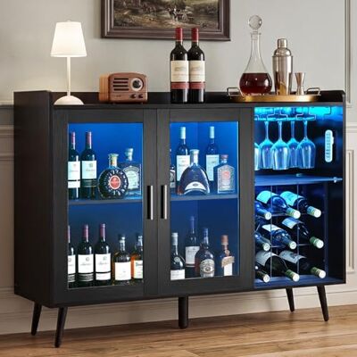 VEVOR Weinschrank mit Gläserhaltern, Buffet-Sideboard mit Dimmbarer LED-Beleuchtung und Flaschenregalen (für 9 Flaschen), Barschrank für Küche, Wohnzimmer und Esszimmer Weinbarschrank Schwarz VEVOR Weinschrank mit Gläserhaltern, Buffet-Sideboard mit Dimmbarer LED-Beleuchtung und Flaschenregalen (für 9 Flaschen), Barschrank für Küche, Wohnzimmer und Esszimmer Weinbarschrank Schwarz