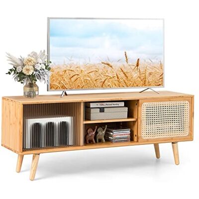 COSTWAY TV-Schrank mit 2 Schiebetüren, TV-Lowboard TV-Ständer für Fernseher bis zu 55 Zoll, Fernsehschrank Medienkonsole für Schlafzimmer Wohnzimmer, Natur COSTWAY TV-Schrank mit 2 Schiebetüren, TV-Lowboard TV-Ständer für Fernseher bis zu 55 Zoll, Fernsehschrank Medienkonsole für Schlafzimmer Wohnzimmer, Natur