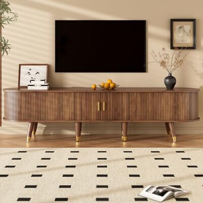 Merax TV-Schrank 175x38x45cm, Landhausstil mit Rattan-Schiebetür in Walnussoptik, viel Stauraum, offene Fächer, Schubladen & Schrank, Goldene Details, Holzfarbe Merax TV-Schrank 175x38x45cm, Landhausstil mit Rattan-Schiebetür in Walnussoptik, viel Stauraum, offene Fächer, Schubladen & Schrank, Goldene Details, Holzfarbe