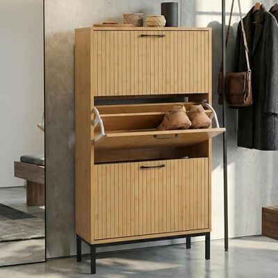 Mendler Schuhkipper HWC-P48, MDF Melamin 125x60x25cm Bambus-Optik Schuhregal, Schuhschrank, 3 Kippfächer, Ablage Mendler Schuhkipper HWC-P48, MDF Melamin 125x60x25cm Bambus-Optik Schuhregal, Schuhschrank, 3 Kippfächer, Ablage