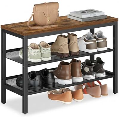 VASAGLE Schuhbank mit 3 Ebenen, Schuhregal, Schuhablage, einteiliges Design, mit erhöhten Kanten, Industrie-Stil, einfache Montage, 28 x 75 x 50 cm, vintagebraun-tintenschwarz LSB070KD02 VASAGLE Schuhbank mit 3 Ebenen, Schuhregal, Schuhablage, einteiliges Design, mit erhöhten Kanten, Industrie-Stil, einfache Montage, 28 x 75 x 50 cm, vintagebraun-tintenschwarz LSB070KD02