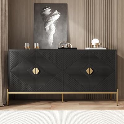 Merax Modernes Sideboard 162x40x80 cm, mit Vier Türen, Metallbeine, geometrisches Muster, großer Stauraum, Wohnzimmer Esszimmer Eingang, Elegante Kommode, Schwarz Merax Modernes Sideboard 162x40x80 cm, mit Vier Türen, Metallbeine, geometrisches Muster, großer Stauraum, Wohnzimmer Esszimmer Eingang, Elegante Kommode, Schwarz