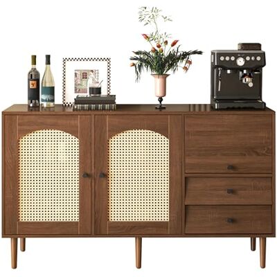 BTM Sideboard mit Rattan Einsatz, 3 Türen und 2 unregelmäßigen Schubladen, Sideboard TV-Schrank für Flur Schlafzimmer Wohnzimmer Esszimmer,Braun,130Lx75Bx40H cm BTM Sideboard mit Rattan Einsatz, 3 Türen und 2 unregelmäßigen Schubladen, Sideboard TV-Schrank für Flur Schlafzimmer Wohnzimmer Esszimmer,Braun,130Lx75Bx40H cm