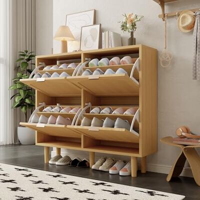 Merax Schuhschrank mit 4 Klappen schmal – Schuhkommode Rattan mit Metallgriffen, Landhausstil Schuhkipper für Flur & Schlafzimmer, platzsparendes Schuhregal Holz 100x25x90 cm Merax Schuhschrank mit 4 Klappen schmal – Schuhkommode Rattan mit Metallgriffen, Landhausstil Schuhkipper für Flur & Schlafzimmer, platzsparendes Schuhregal Holz 100x25x90 cm