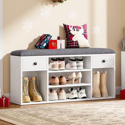 YITAHOME Schuhbank mit Sitzfläche, 5 offene Fächer,kann Stiefel aufbewahren 105x30x50cm, Schuhregal mit Sitzbank, 2 Stoff Schublade, Holzwerkstoff, Schnelle Montage, Schuhregal für Wohnzimmer, Flur YITAHOME Schuhbank mit Sitzfläche, 5 offene Fächer,kann Stiefel aufbewahren 105x30x50cm, Schuhregal mit Sitzbank, 2 Stoff Schublade, Holzwerkstoff, Schnelle Montage, Schuhregal für Wohnzimmer, Flur